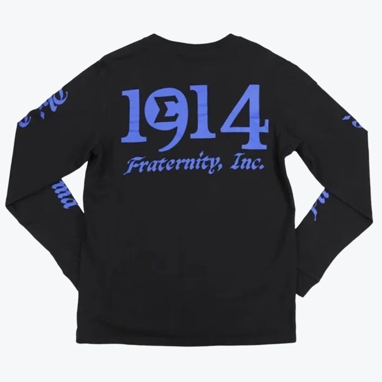 The back view of a black long-sleeve shirt featuring the year 1914 and Fraternity, Inc. printed in blue, where the number nine in 1914 creatively incorporates the Greek letter Sigma.