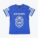 Royal blue V-neck jersey t-shirt with ZETA PHI BETA and its white shield crest on the front, featuring white stripes and Greek letters on the sleeves.