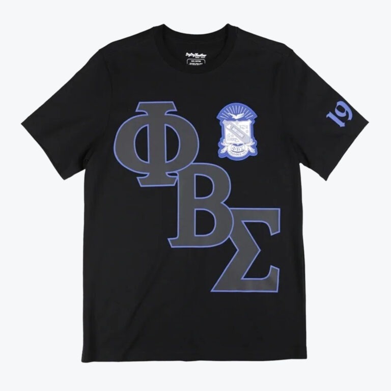 A black t-shirt featuring large grey Greek letters for Phi Beta Sigma outlined in blue, with a fraternity crest on the chest and the number 19 on the sleeve.