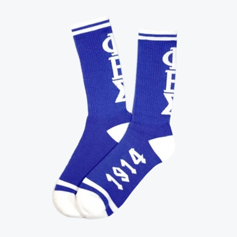 A pair of royal blue crew socks with white Greek letters ΦΒΣ and the year 1914 printed on them.