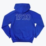 Back view of a royal blue hoodie with the number 1920 in a white outline font on the upper back.