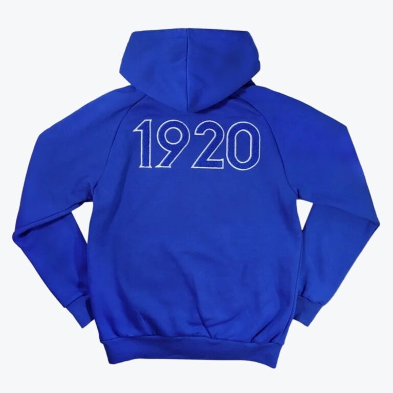 Back view of a royal blue hoodie with the number 1920 in a white outline font on the upper back.