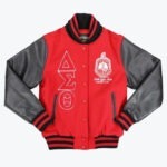 A red varsity jacket with black leather sleeves, featuring the white embroidered Greek letters for Delta Sigma Theta on the right and the sorority's crest on the left.