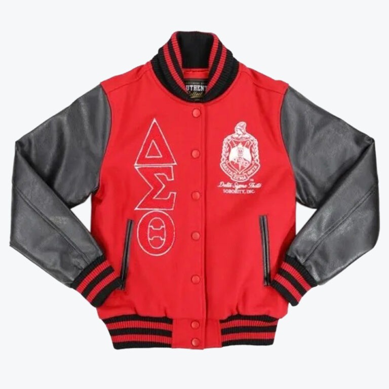 A red varsity jacket with black leather sleeves, featuring the white embroidered Greek letters for Delta Sigma Theta on the right and the sorority's crest on the left.