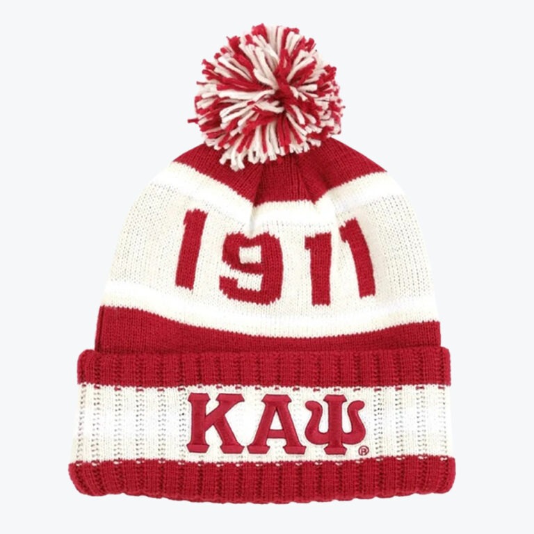 A red and white knit beanie with a pom-pom on top. The year 1911 is written in red on a white band across the middle, and the Greek letters Kappa Alpha Psi (ΚΑΨ) are embroidered on the folded cuff.
