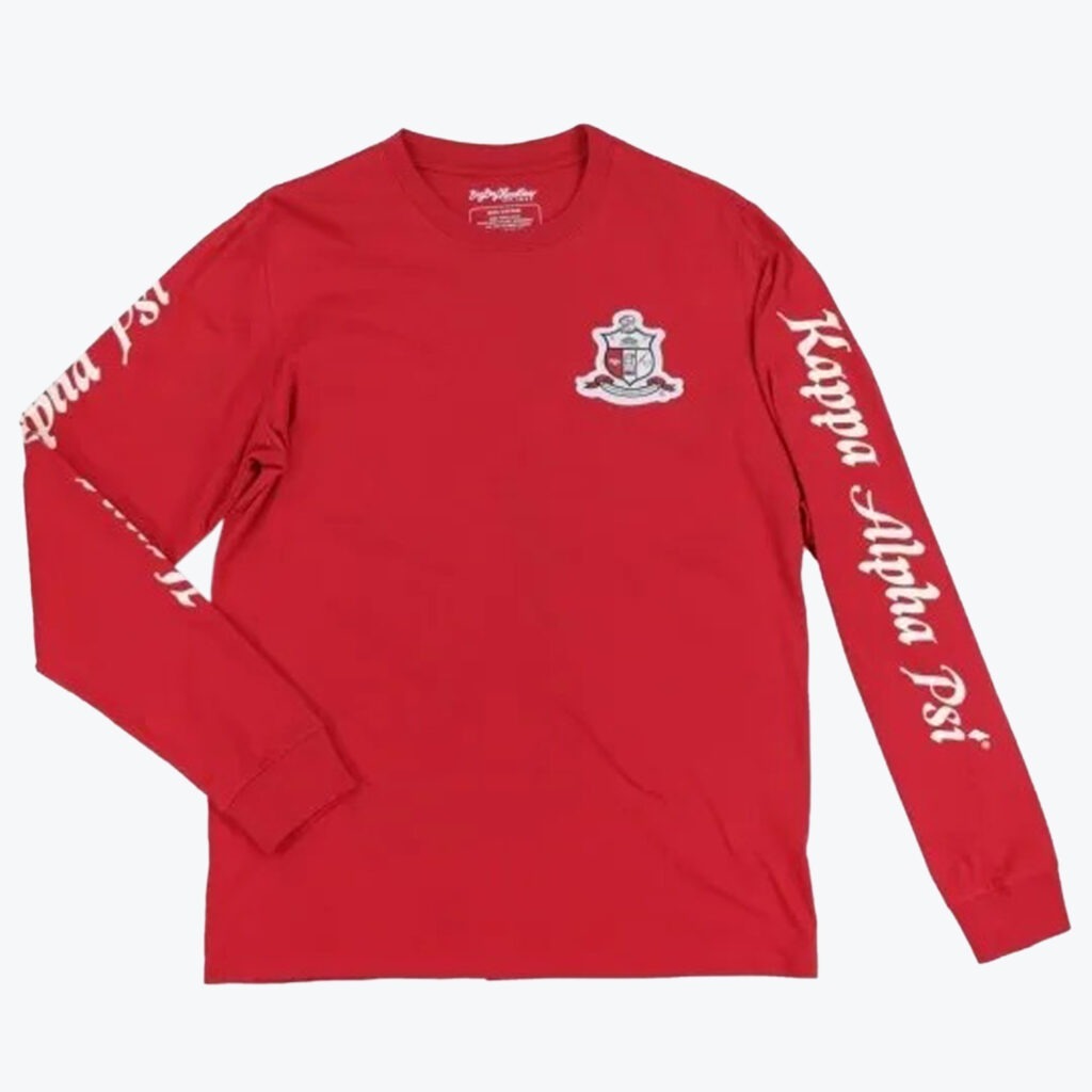 A red long-sleeve t-shirt with the Kappa Alpha Psi crest on the left chest and Kappa Alpha Psi written in white script along the sleeves.