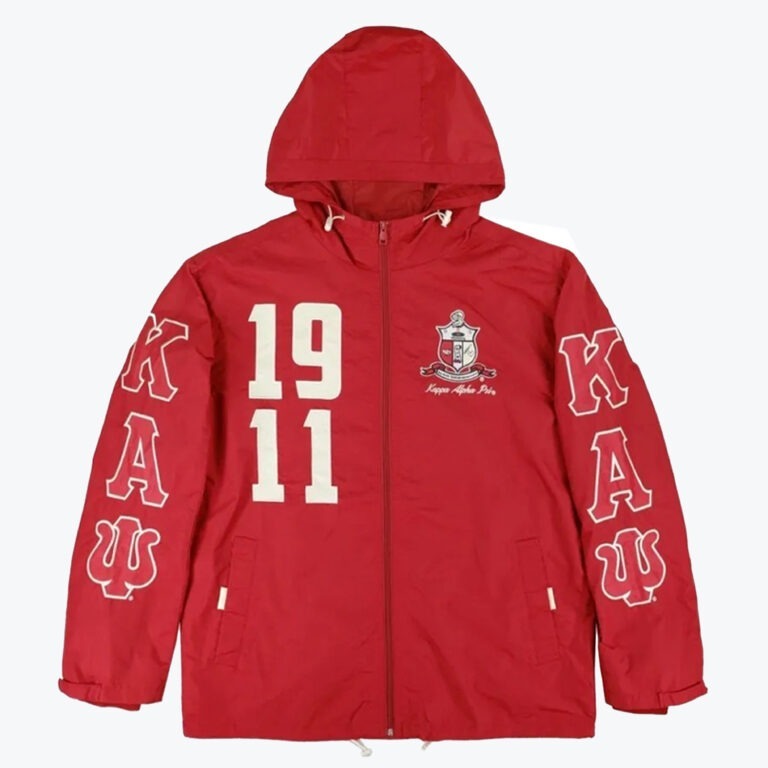A red hooded windbreaker jacket with Kappa Alpha Psi fraternity branding, featuring on the chest and the Greek letters Kappa, Alpha, Psi on the sleeves.