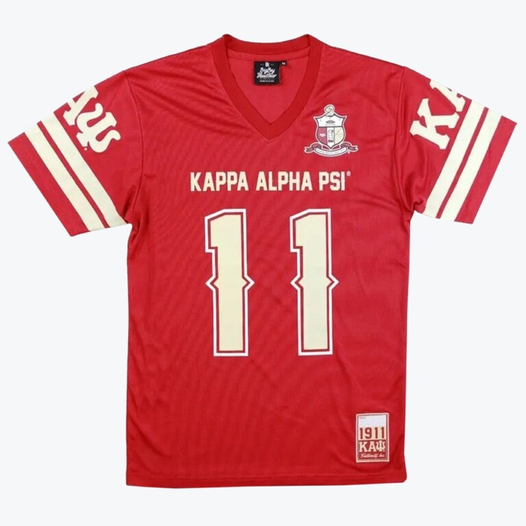 Front view of a red Kappa Alpha Psi jersey with the number 11 in cream, featuring the fraternity crest and Greek letters.