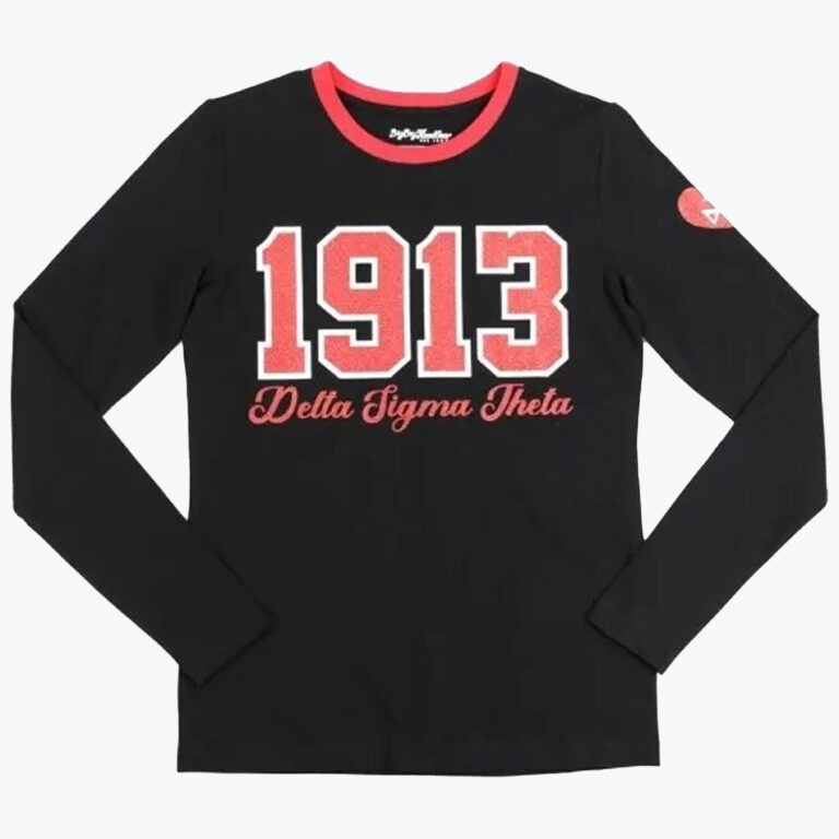 A black long-sleeve shirt with a red collar, featuring 1913 in large varsity numbers and Delta Sigma Theta in cursive below it.