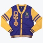 A purple and gold button-up cardigan jacket with Omega Psi Phi Greek letters on the right and the fraternity crest on the left.