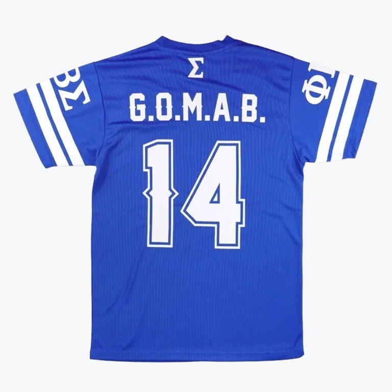 The back view of a royal blue jersey featuring G.O.M.A.B. and the number 14 printed in white, with Phi Beta Sigma fraternity Greek letters on the sleeves.