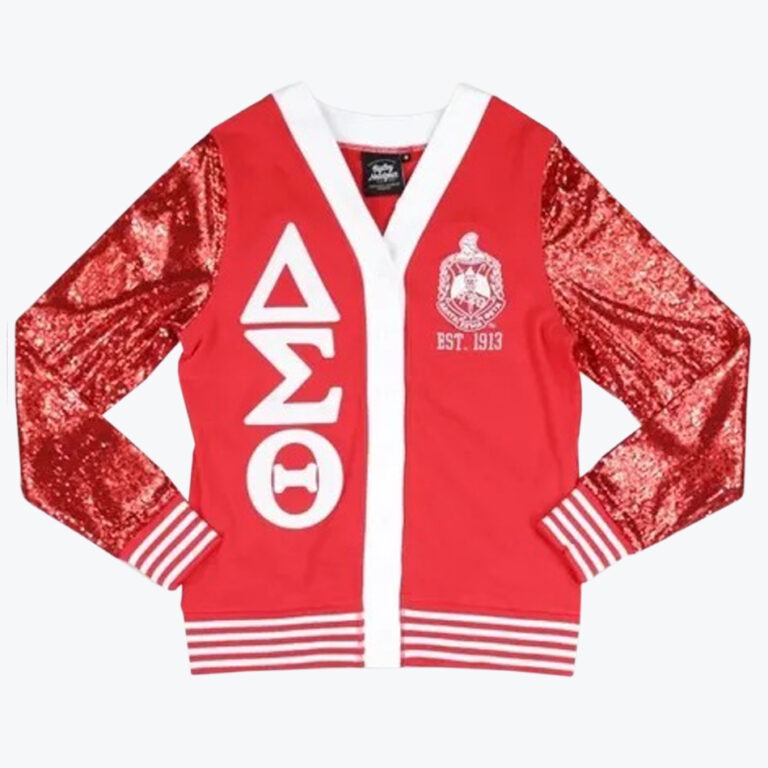 A red cardigan jacket with sparkly red sequin sleeves, featuring the Greek letters Delta, Sigma, and Theta stacked vertically on one side and the sorority crest with EST. 1913 on the other.