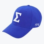 A royal blue baseball cap with a large white Greek letter Sigma embroidered on the front and the year 1914 embroidered on the side.
