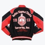 Back of a black and red varsity jacket featuring embroidered Delta Sigma Theta Sorority, Inc. crest, founding year 1913, and the motto Intelligence is the Torch of Wisdom.