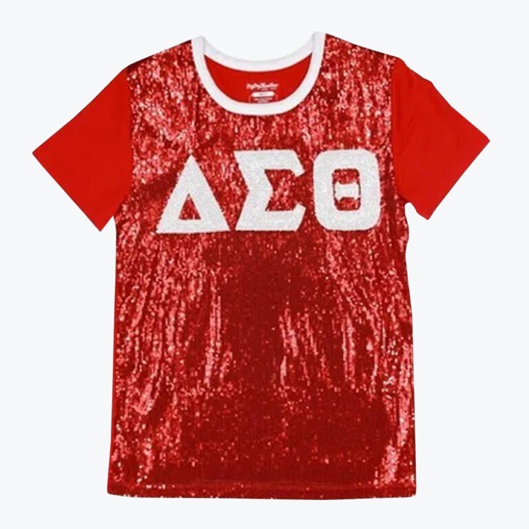 A red t-shirt with a shiny red sequined front, solid red sleeves, a white crew neck collar, and the Greek letters Delta, Sigma, Theta in white glitter across the chest.