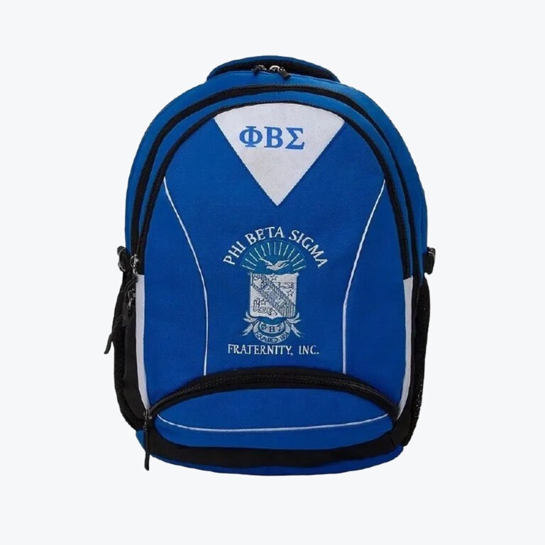 A royal blue backpack with the Phi Beta Sigma fraternity crest and Greek letters ΦΒΣ embroidered on the front.