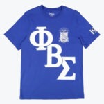 A royal blue t-shirt featuring large white Greek letters Phi, Beta, Sigma and the fraternity's official crest displayed prominently on the chest.