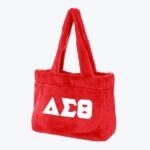 A red fuzzy tote bag with white Greek letters Delta, Sigma, and Theta on the front.