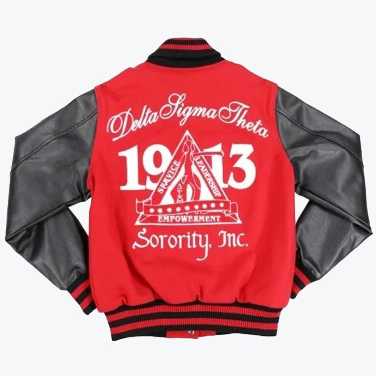 The back of a red varsity jacket with black leather sleeves, featuring white embroidered text for Delta Sigma Theta Sorority, Inc., the year 1913, and a central triangle emblem.