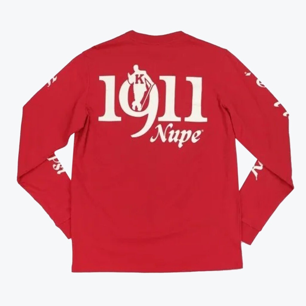 The back view of a red long-sleeve shirt with 1911 Nupe printed in white, featuring a silhouette of a man with a cane inside the number nine.