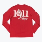The back view of a red long-sleeve shirt with 1911 Nupe printed in white, featuring a silhouette of a man with a cane inside the number nine.