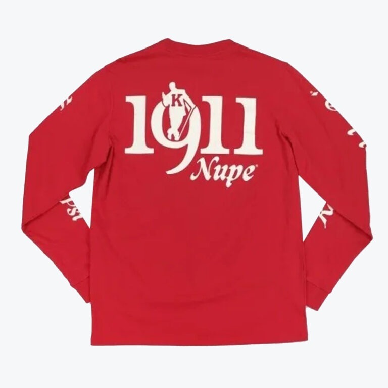 The back view of a red long-sleeve shirt with 1911 Nupe printed in white, featuring a silhouette of a man with a cane inside the number nine.