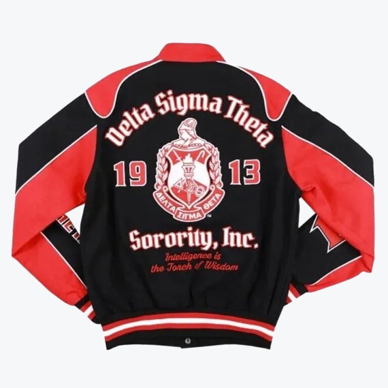 Back of a black and red varsity jacket featuring embroidered Delta Sigma Theta Sorority, Inc. crest, founding year 1913, and the motto Intelligence is the Torch of Wisdom.