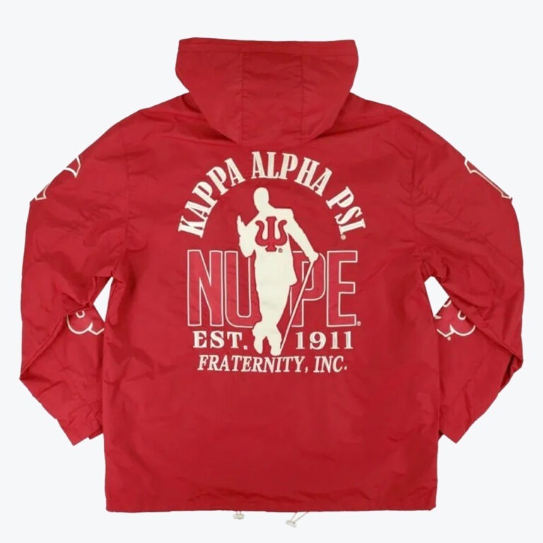 The back view of a red hooded windbreaker jacket with white graphics for Kappa Alpha Psi Fraternity, Inc., showing a silhouette of a man with a cane, the word NUPE, and EST. 1911.