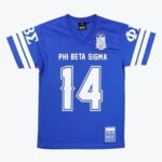 A front-facing view of a royal blue Phi Beta Sigma jersey with white lettering, the number 14, and Greek letters on the sleeves.