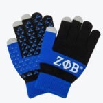 A pair of blue and black knit gloves with Zeta Phi Beta Greek letters and touchscreen-compatible fingertips.