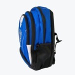 Side view of a blue and black backpack with multiple zippers and a mesh side pocket on a white background.