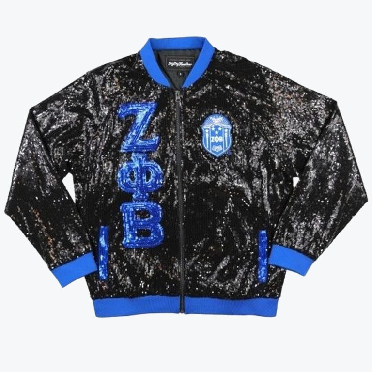Black sequined bomber jacket with blue trim, featuring large blue sequin Zeta Phi Beta Greek letters on one side and the sorority shield on the other.