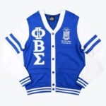 A royal blue and white cardigan with vertical Greek letters ΦΒΣ on the right side and the Phi Beta Sigma crest on the left side.