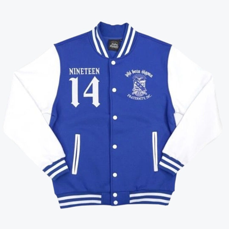 A royal blue and white varsity jacket featuring NINETEEN 14 on the right chest and the official Phi Beta Sigma fraternity crest on the left chest.