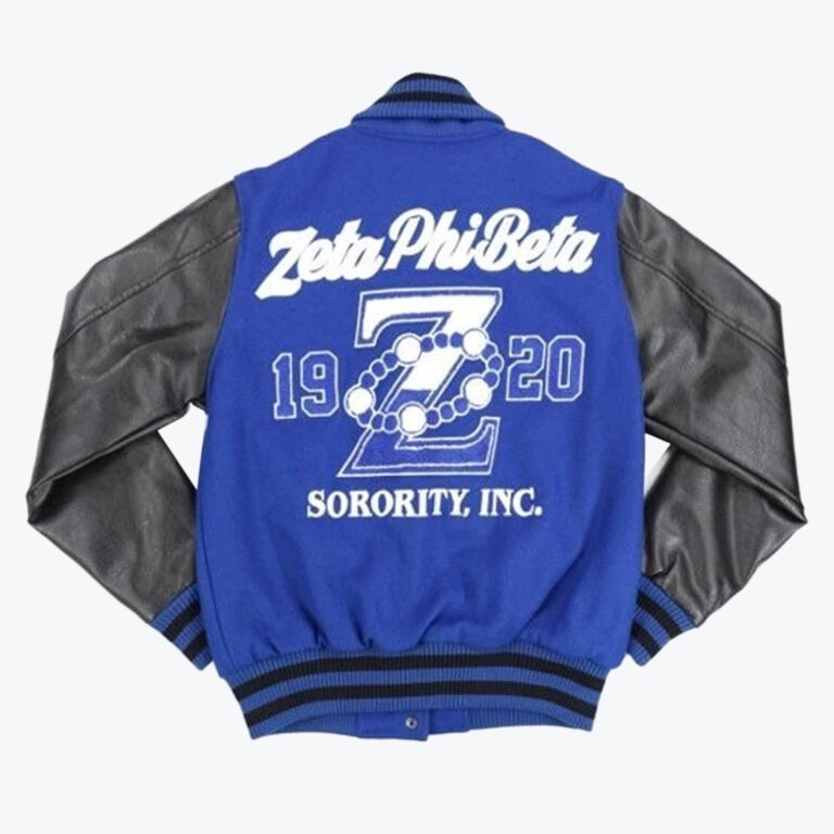 Back view of a royal blue and black varsity jacket featuring Zeta Phi Beta Sorority, Inc. embroidery, including the founding year 1920 and a large letter Z wrapped in pearls.