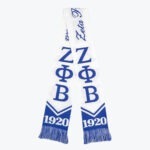 A white and blue Zeta Phi Beta sorority scarf with the Greek letters ΖΦΒ and the founding year 1920 on the fringed ends.