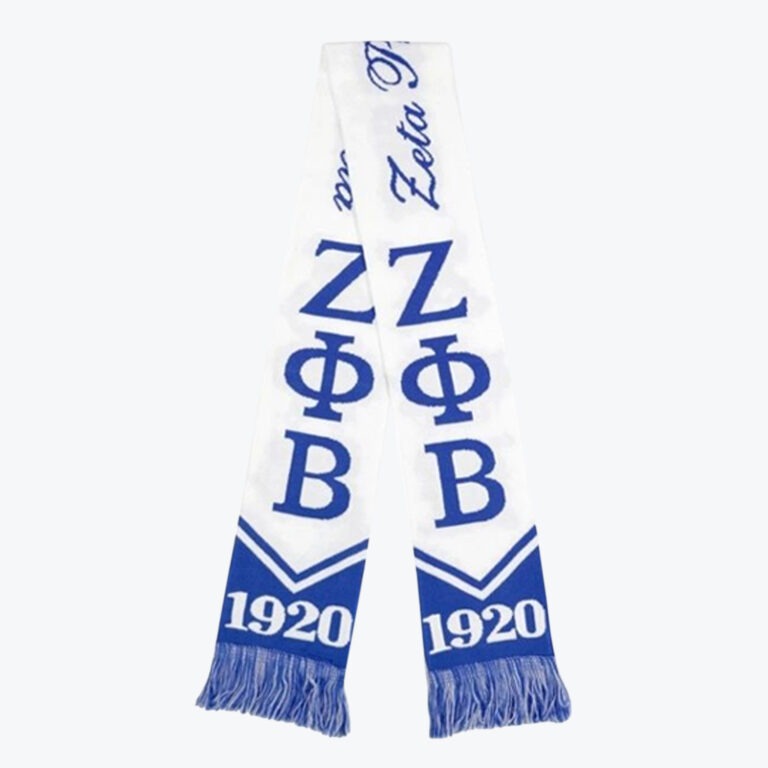 A white and blue Zeta Phi Beta sorority scarf with the Greek letters ΖΦΒ and the founding year 1920 on the fringed ends.