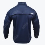 The back view of a navy blue athletic jacket with a small white addos logo on the upper right back.