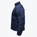 Side view of a navy blue athletic jacket with a high collar and zippered pocket on a white background.